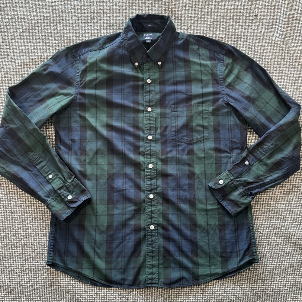 J.Crew Flex Washed Slim Fit Plaid Button Down Shirt Mens Large Green Navy Blue